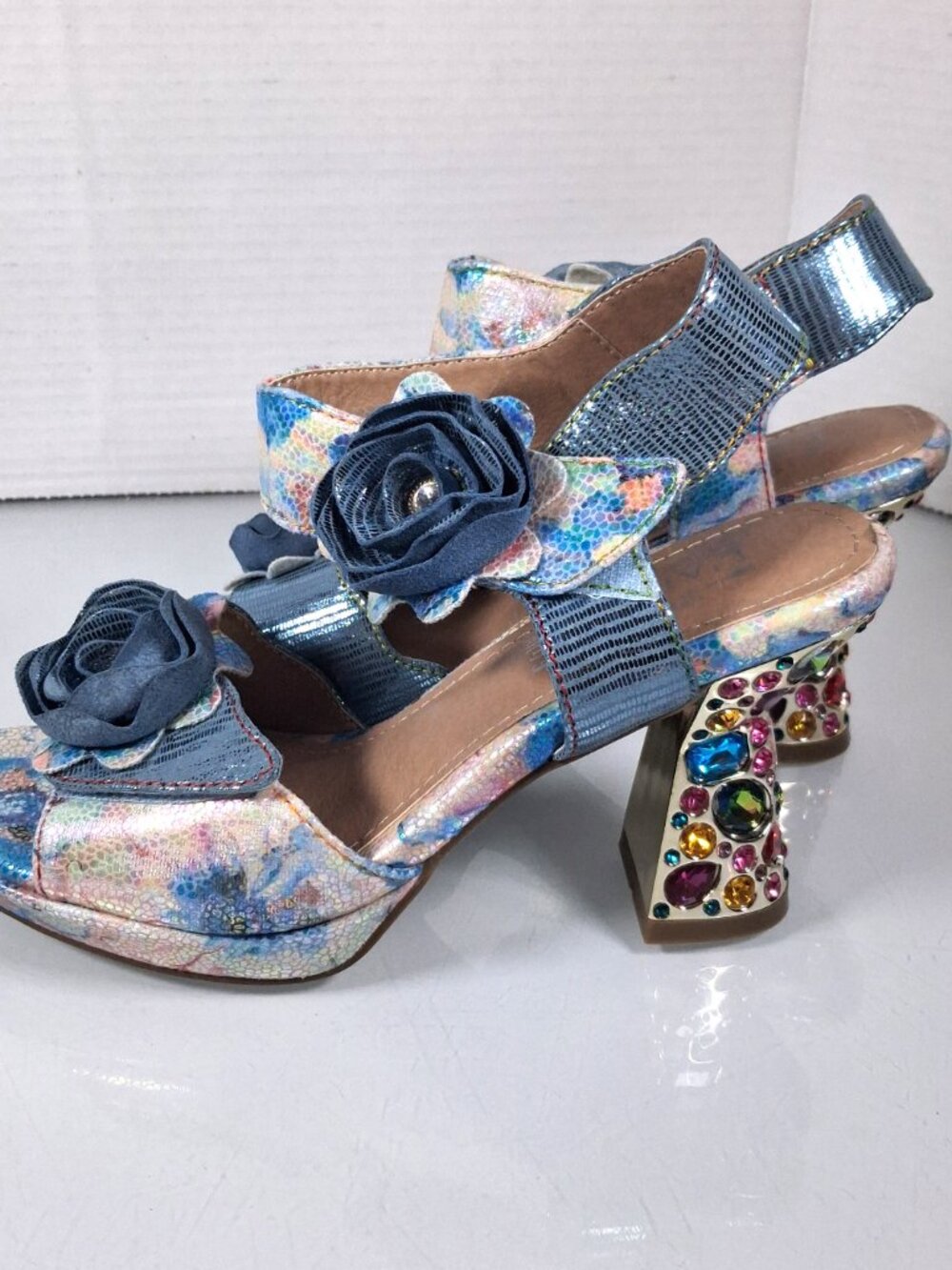 L'ARTISTE Smashing Blue Floral Sandal Multicolor Jeweled Block Heel US 8.5 Eu 39 - Picture 7 of 9